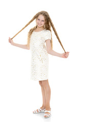 Beautiful school girl with long silky hair.