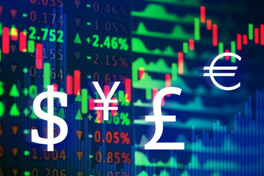 Stock exchange graphs and rates with currency symbols on color background. Financial trading concept - Powered by Adobe