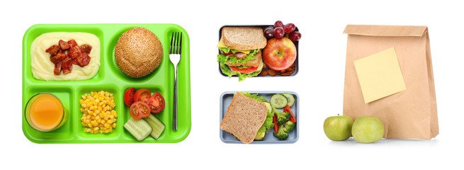 Set of food for school lunch on white background