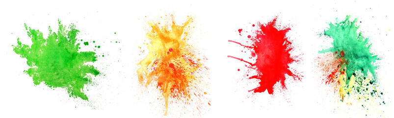 Set of watercolor splashes on white background. Celebration of Holi festival