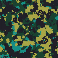 Seamless digital pixel green and blue military fashion camo pattern vector