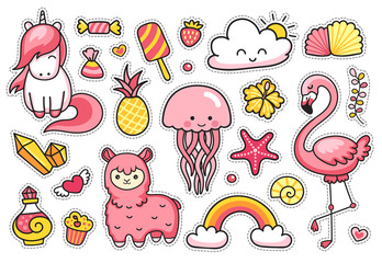 Magic unicorn, alpaca, jellyfish and pink flamingo. Set of stickers, patches, badges, pins and prints for kids. Doodle style. Vector illustratation.