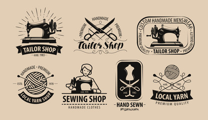 Tailor shop, yarn logo or label. Tailoring concept. Vector illustration