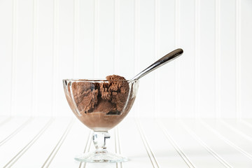Chocolate Ice Cream in a glass dessert dish, with a metal spoon, on a white tabletop with a white background
