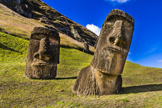 Rano Raraku Volcano, the Moais quarry where all were built on the past, some of them still stay on the quarry waiting to, maybe, one day reach there final destination