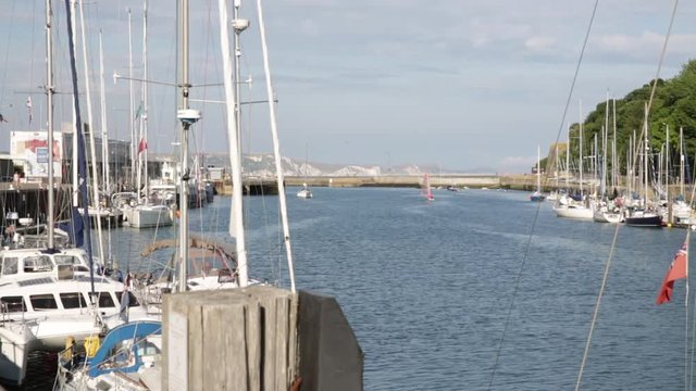 Purbeck cliffs and yacht marina in England