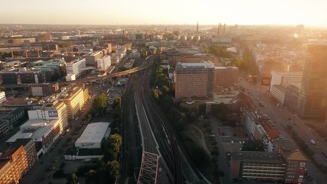 Amazing sunset over the city of Hamburg, Germany. Uban - Berliner Tor station.