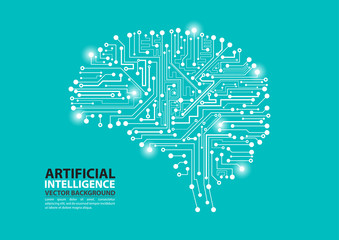 Artificial Intelligence brain illustration with data glow transferring on board circuit concept