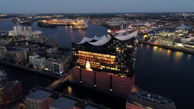Aerial View of Elbphilharmonie and HafenCity at sunset, Hamburg, Hanseatic City.