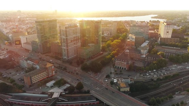 Aerial view of Hamburg (Germany). Cityscape and big modern buildings at sunset. A sunset Aerial shot of skyscrapers of Hamburg Business Centre.