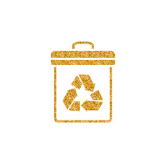 Recycle trash can icon in gold glitter texture. Sparkle luxury style vector illustration.