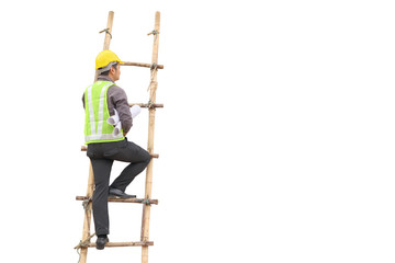 Asian business man construction engineer hold blueprint paper climb on ladder isolated on white...