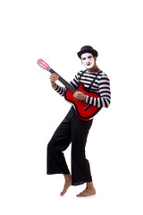 Mime playing guitar isolated on white