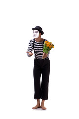 Mime with bunch of flowers isolated on white