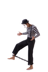 Mime with his feet chained isolated on white