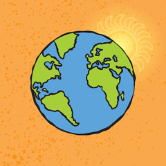 Earth illustration cartoon with sun behind. Globe orb round hemisphere shape sketch in color isolated on grunge orange. Freehand line black ink hand drawn emblem, art doodle style pen paper. Vector.