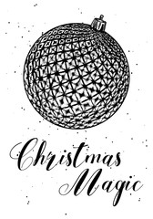 New Year greeting card design with stylized hand drawn Christmas ball illustration. Vector.
