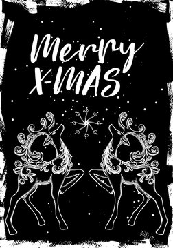 Christmas deer card, hand drawn style. Vintage Christmas elements, reindeer dancing and jumping in holiday mood with text calligraphy. Vector.