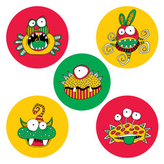 Fototapeta premium Cute doodle monsters and aliens on a bright circle background
