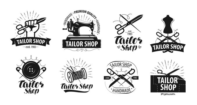 Tailor shop, yarn logo or label. Tailoring concept. Vector illustration