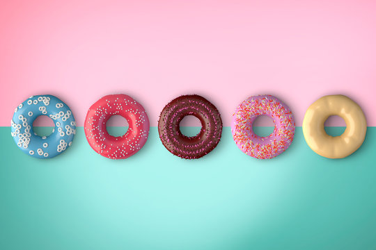 Top view various donut isolated on pink and vintage green background . 3d rendering .