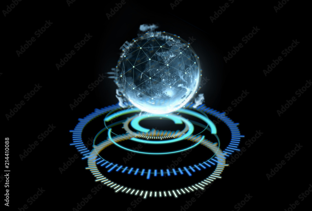 Poster abstract globe with connected dots wireless communication network on space . global business concept