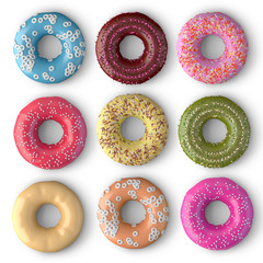 Top view various donut isolated on white background . 3d rendering .
