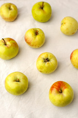 fresh yellow organic apples on white tissue background. Autumn Harvest. Healthy snack