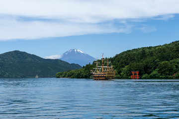 Hakone shrine with sightseeing cruise and mt.Fuji at  lake Ashi, Japan