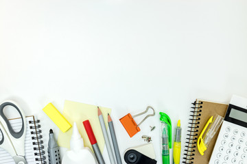 office stationary and accessories for work on white table background, flat lay