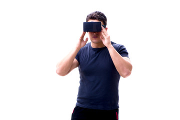 Man playing with virtual reality glasses on white background