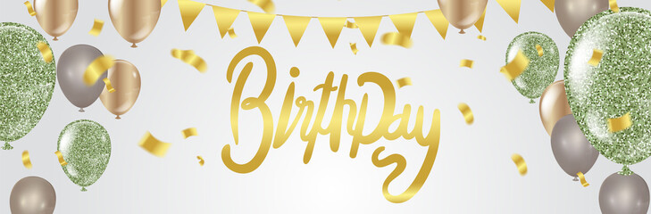 Happy Birthday lettering on  background with gold confetti.