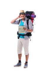 Man lost and looking for direction with map on white