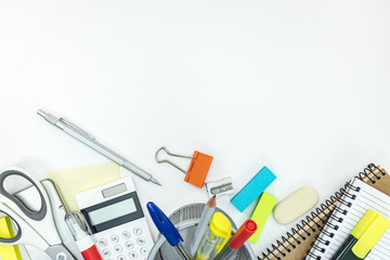 variety of stationary and accessories for work in office on white background, flat lay