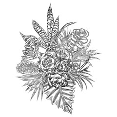 Composition of succulents, cactus, green plants, botanical drawing. Black white handdrawn bouquet. Flesh tattoo concept. Coloring book page. All flowers are editable separately. Vector.