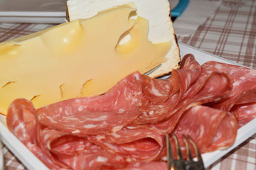 closeup of a plate with slices of salami and cheese