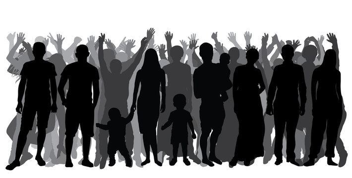 Silhouettes of people in full growth, crowd. Cheerful people. Vector