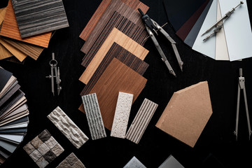 creativity house design ideas concept with sample of material venner wood stone sample on black wood floor