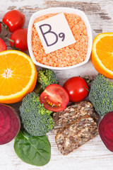 Nutritious different ingredients containing vitamin B9, natural minerals and folic acid, healthy nutrition