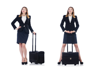 Fototapeta premium Woman preparing for vacation with suitcase on white
