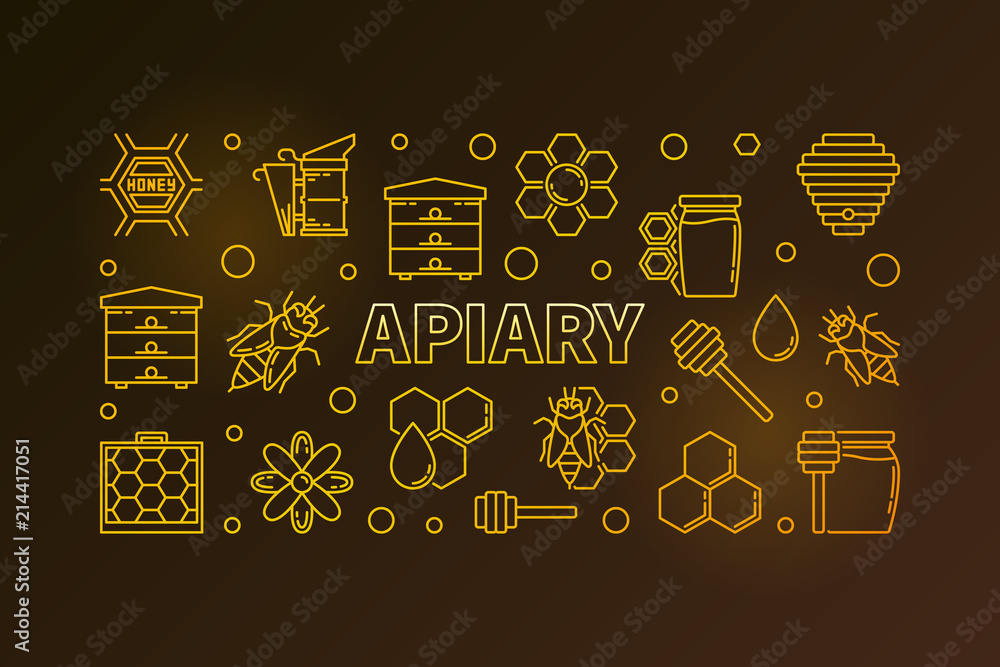 Poster apiary and beekeeping vector colored linear illustration