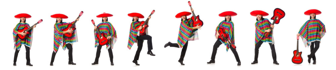 Mexican in vivid poncho holding guitar isolated on white