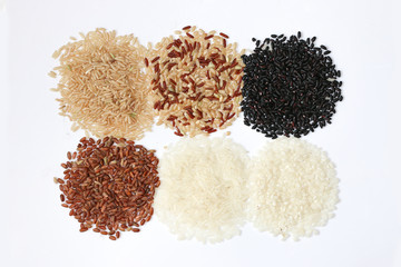 Set of various rice isolated on white background