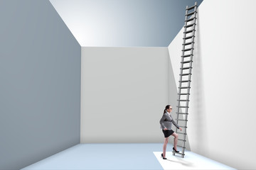 Fototapeta premium Businesswoman climbing a ladder to escape from problems
