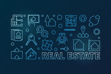 Real Estate outline vector blue horizontal illustration