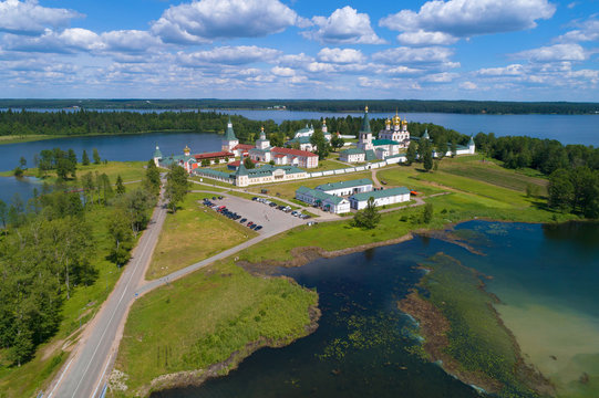 The Valdasky Iversky Bogoroditsky Svyatoozersky monastery in a summer landscape (aerial photography). Valdai, Russia