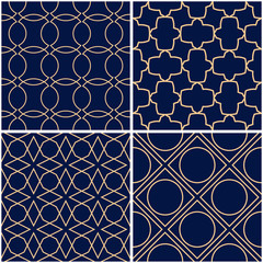 Geometric patterns. Set of golden blue seamless backgrounds