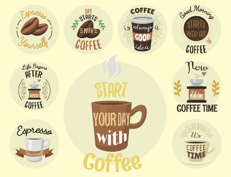 Vintage vector coffeeshop logo text labels and coffee drink love quote ribbon logo coffeebeans badges calligraphy break typography lettering