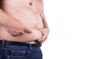 Man pinching unhealthy big belly with visceral or subcutaneous fats