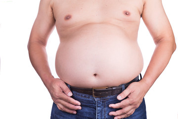 Naklejka premium Man with unhealthy big belly with visceral or subcutaneous fats